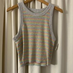 NWT AERIE “Free Spirit Ribbed Tank Top” Tee Striped Gray Cropped in Cotton